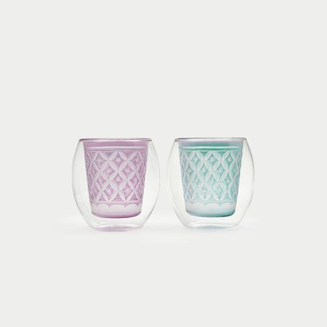 Kiriko x Double Wall Glass fuwan - Floating Bowl - / Red Wisteria and Verdigris Set