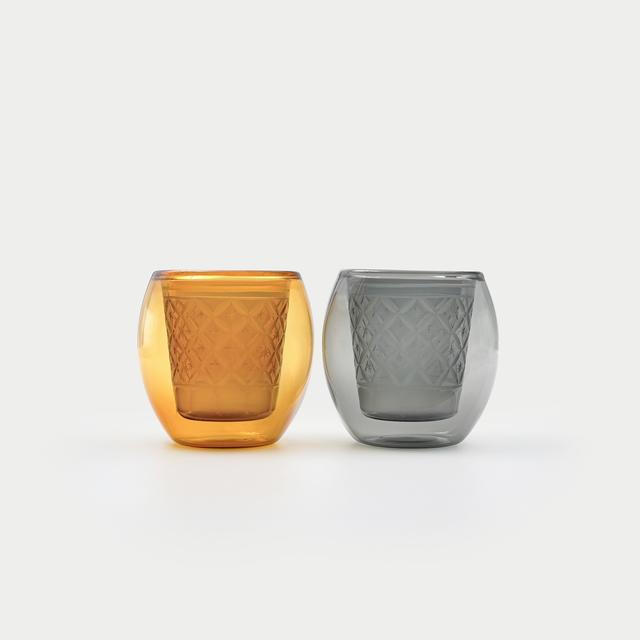 Kiriko x Double Wall Glass fuwan - Floating Bowl - / Amber and Obsidian Set